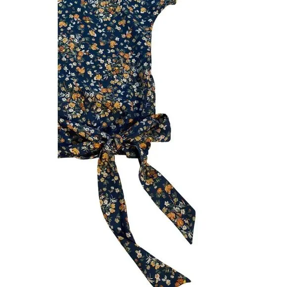 West K Top Women's XL Blue Floral Print Short Sleeve Faux Wrap Boho Peasant Boxy - Picture 13 of 16